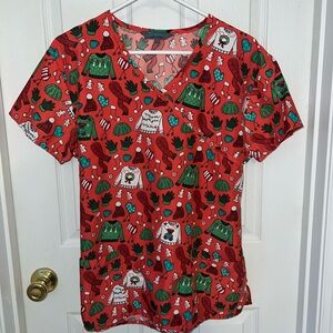 Festive Red ugly Christmas Sweater Print Women's Scrub top